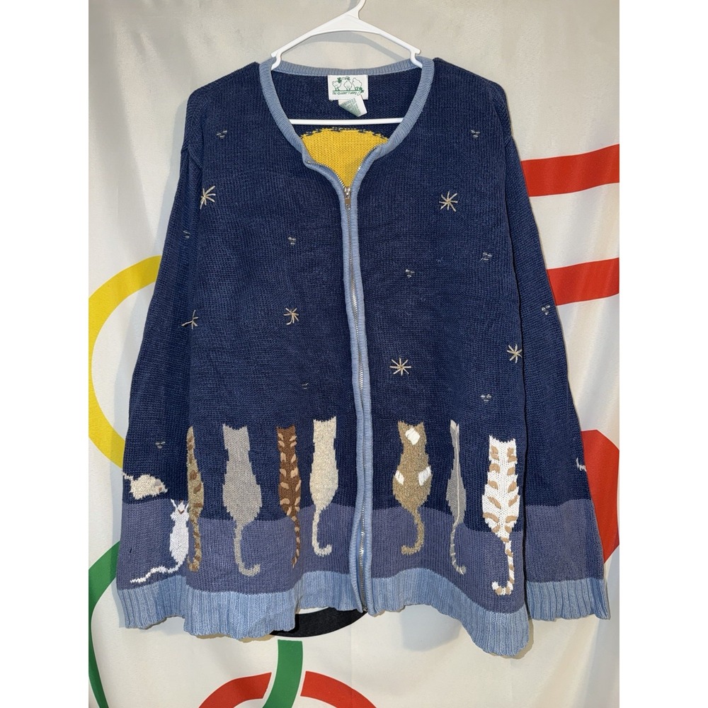 Quacker Factory Sweater Womens 1X Cat Full Moon Zip Up 90s Zip